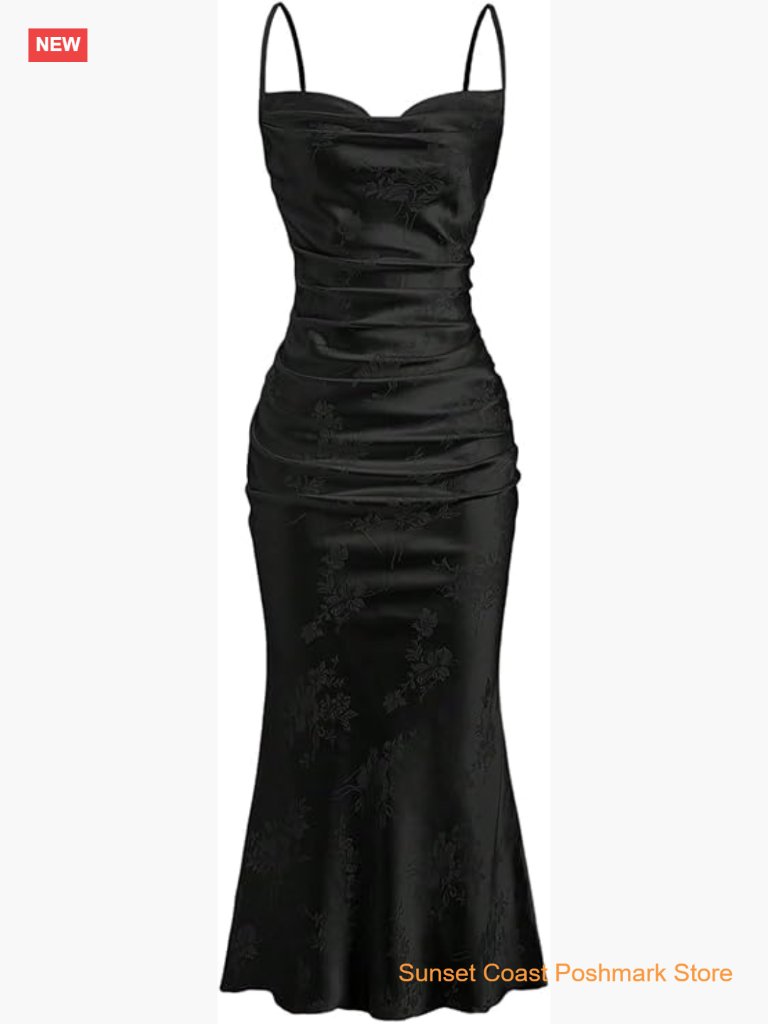 Spaghetti Strap Cowl Neck Long Slip Satin Silk Midi Dress